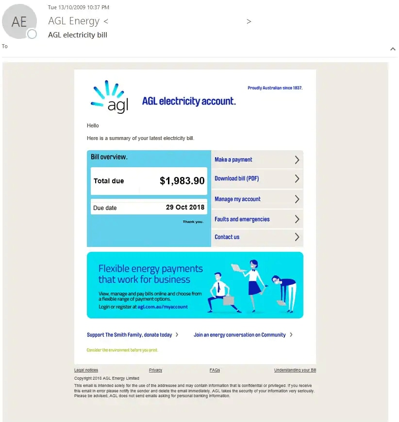 未经请求的电子邮件示例与主题AGL电费